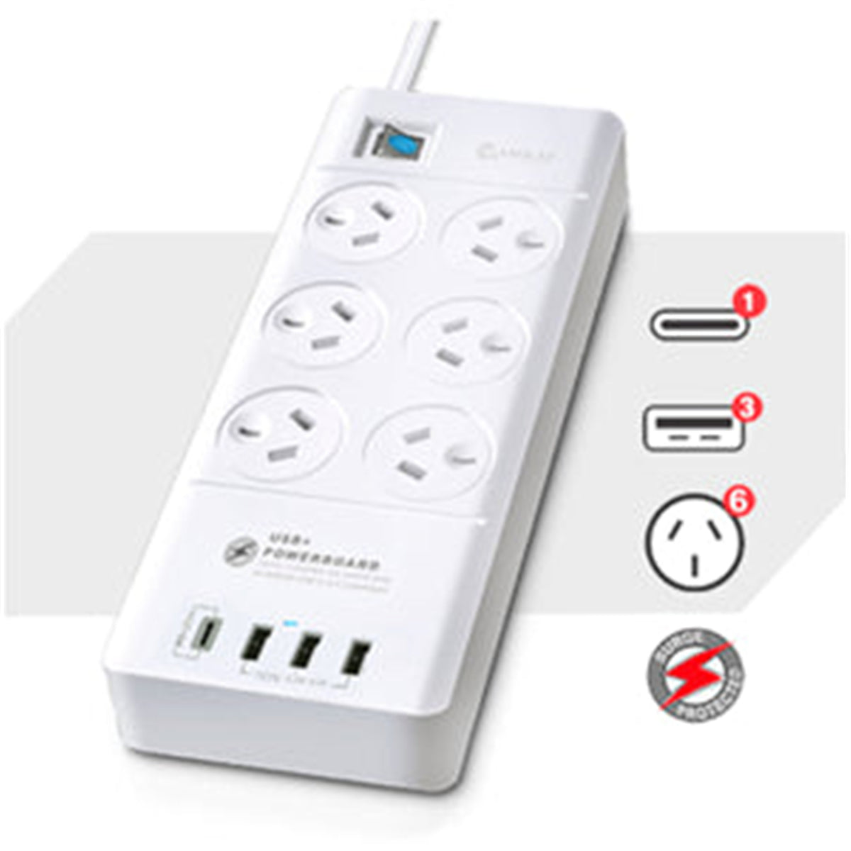 Sansai PAD-8066 6 Outlet Powerboard with USB-A & USB-C