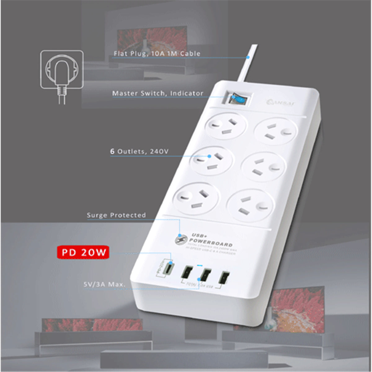 Sansai PAD-8066 6 Outlet Powerboard with USB-A & USB-C