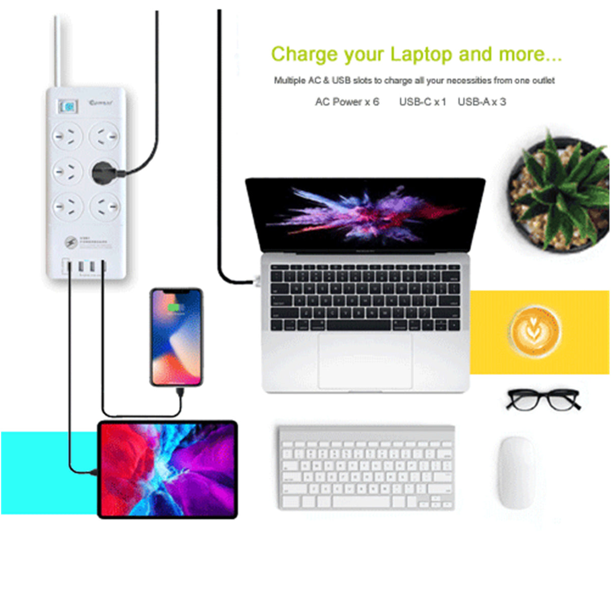 Sansai PAD-8066 6 Outlet Powerboard with USB-A & USB-C