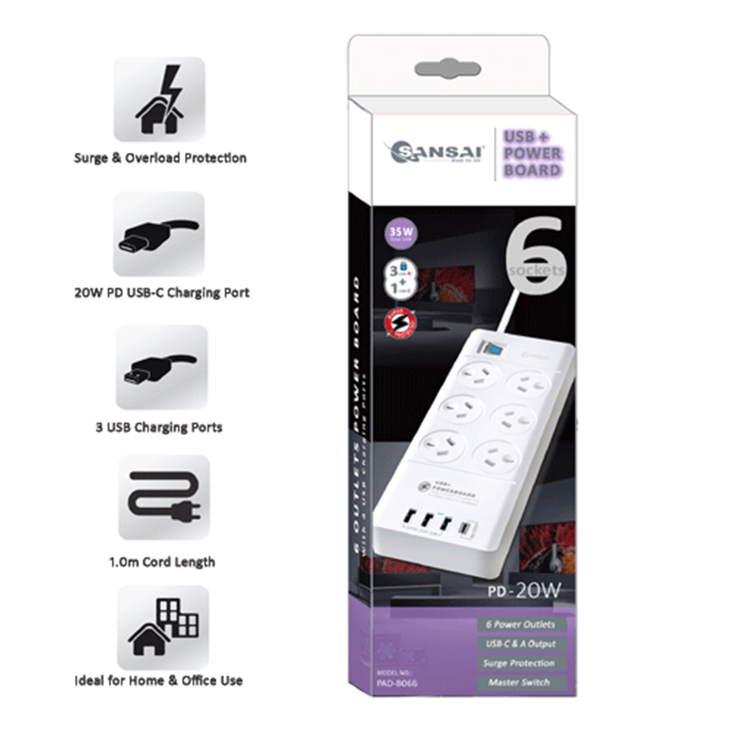 Sansai PAD-8066 6 Outlet Powerboard with USB-A & USB-C