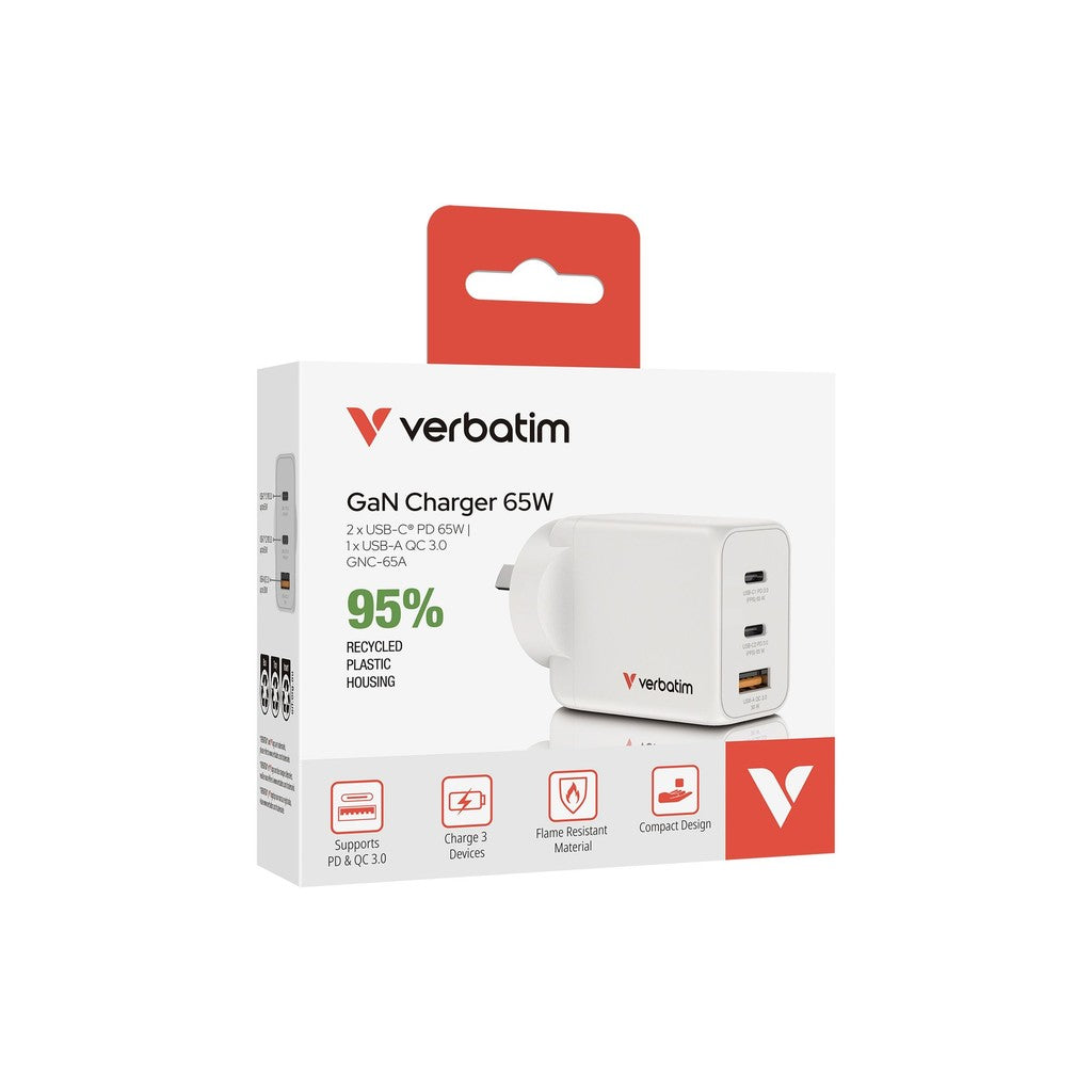 Verbatim 65W GaN Charger with 2x USB-C and 1x USB-A - White