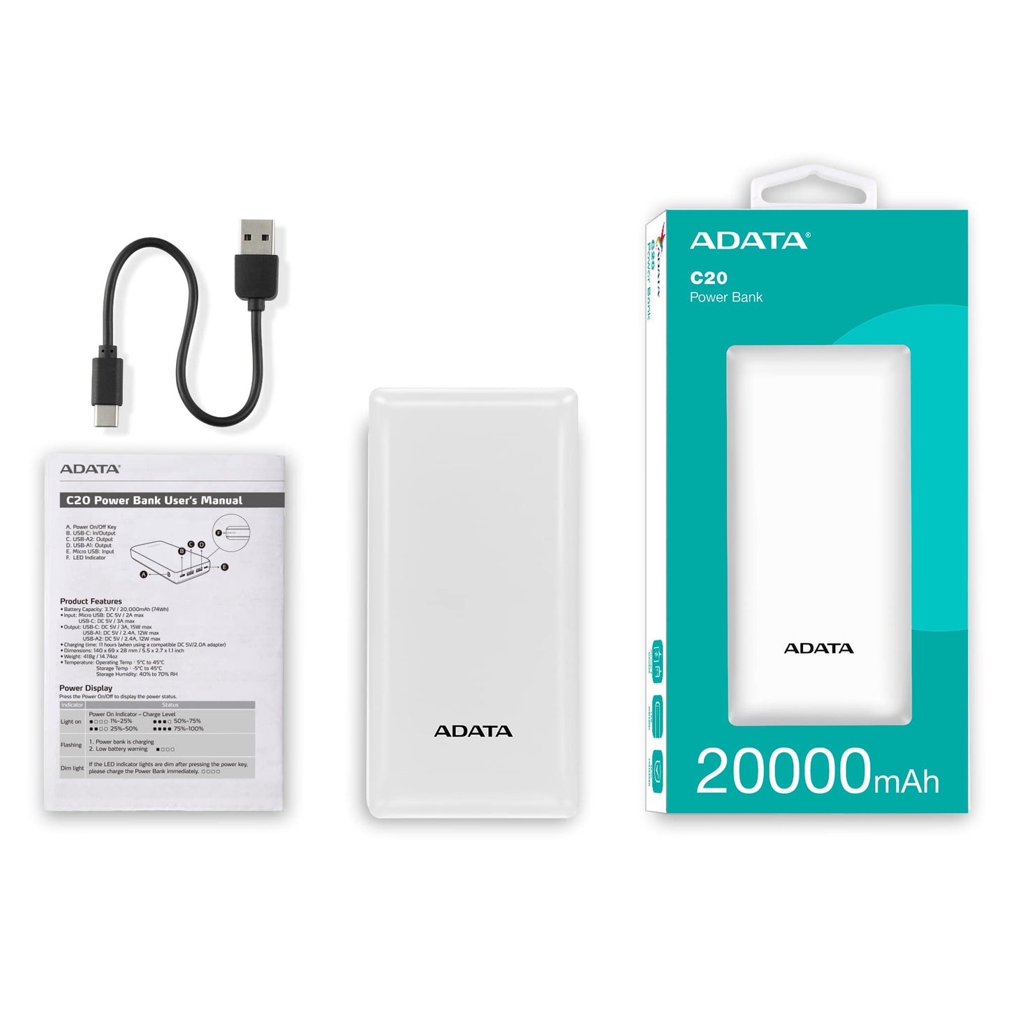 ADATA C20 20000mAh Powerbank - White
