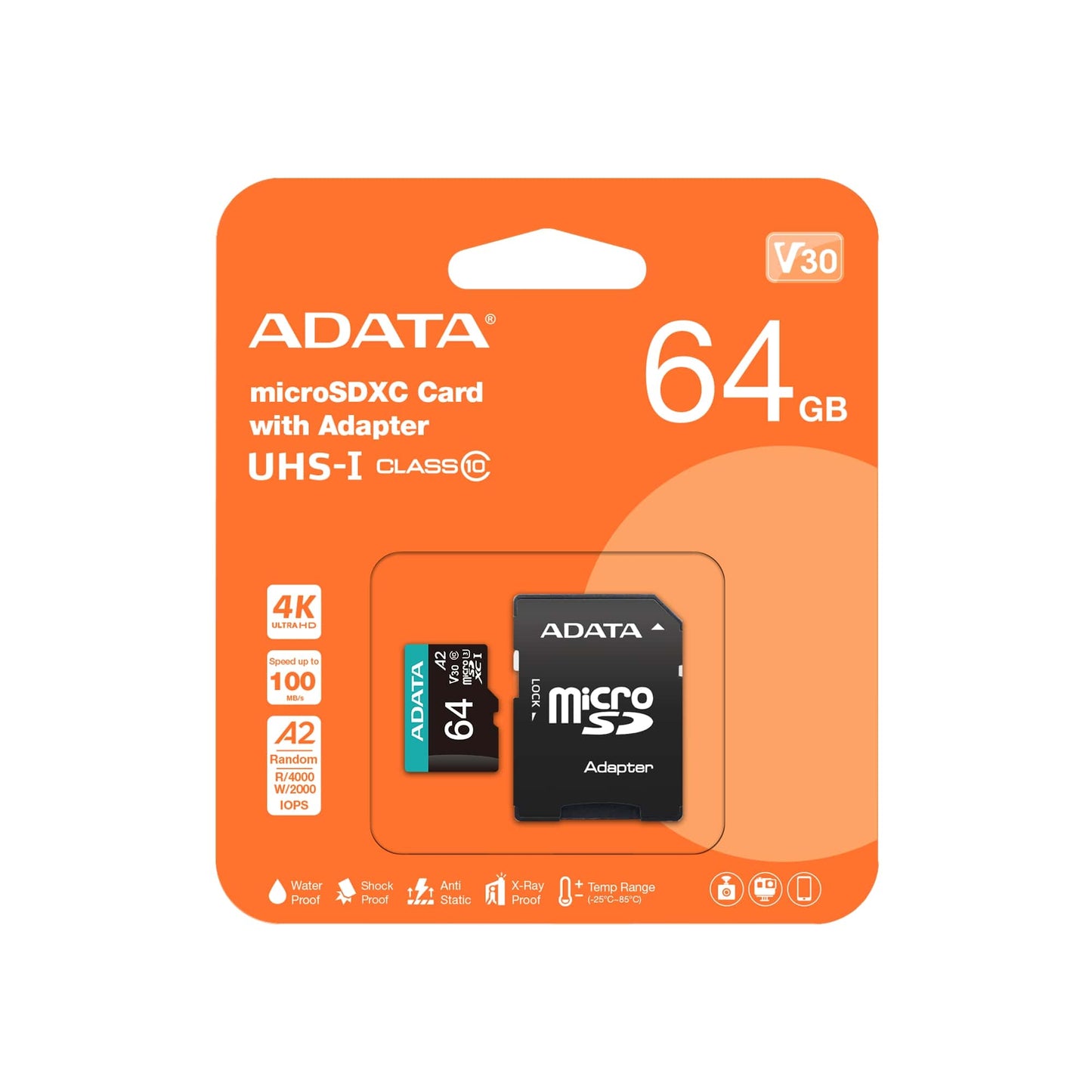 ADATA Premier Pro 64GB U3 A2 V30 microSD Card with Adapter Lifetime Wty