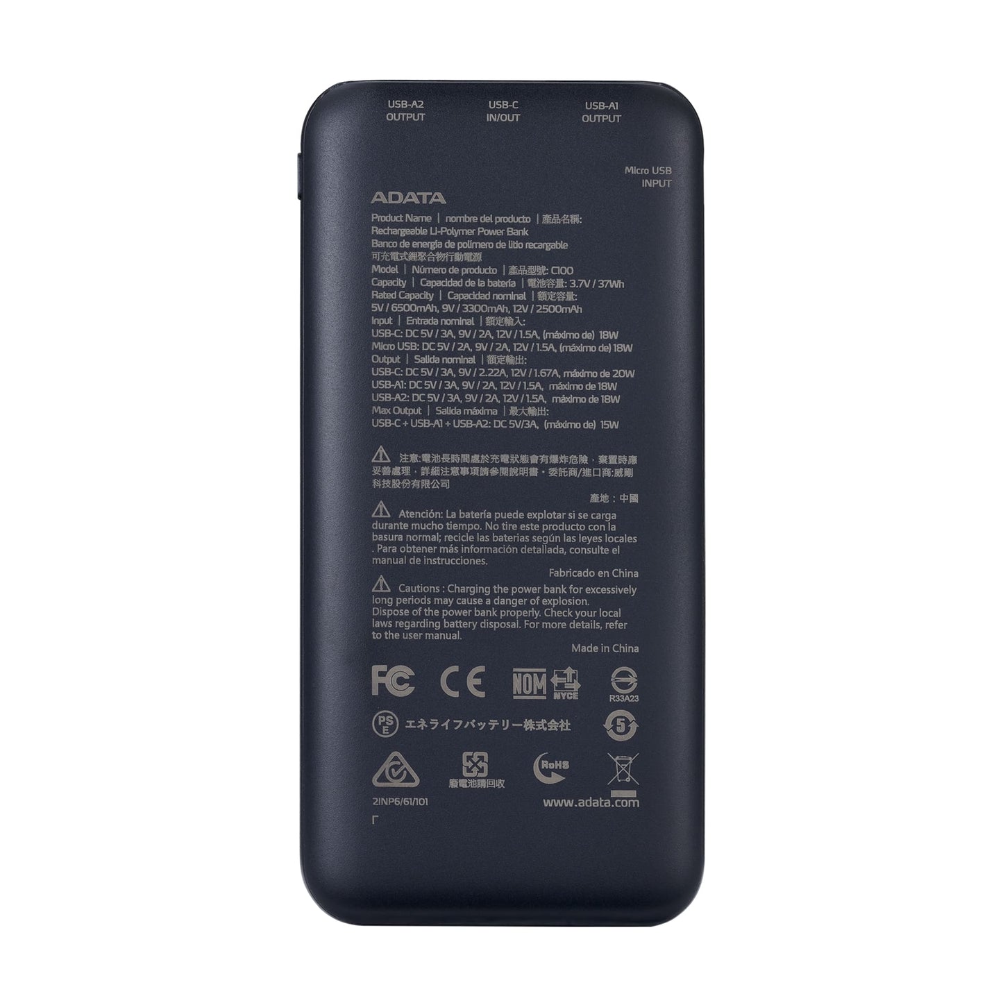 ADATA C100 10000mAh USB Type-C + Type-A Powerbank - Black
