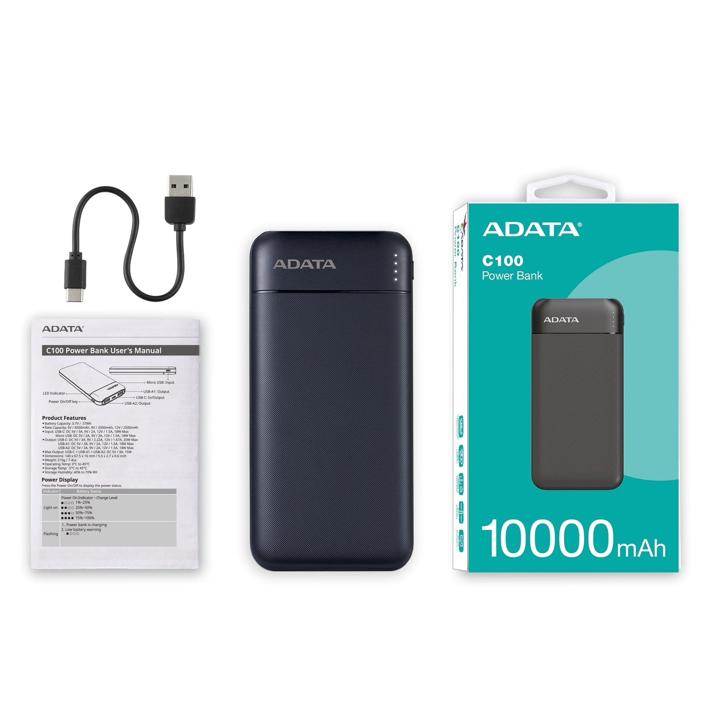ADATA C100 10000mAh USB Type-C + Type-A Powerbank - Black