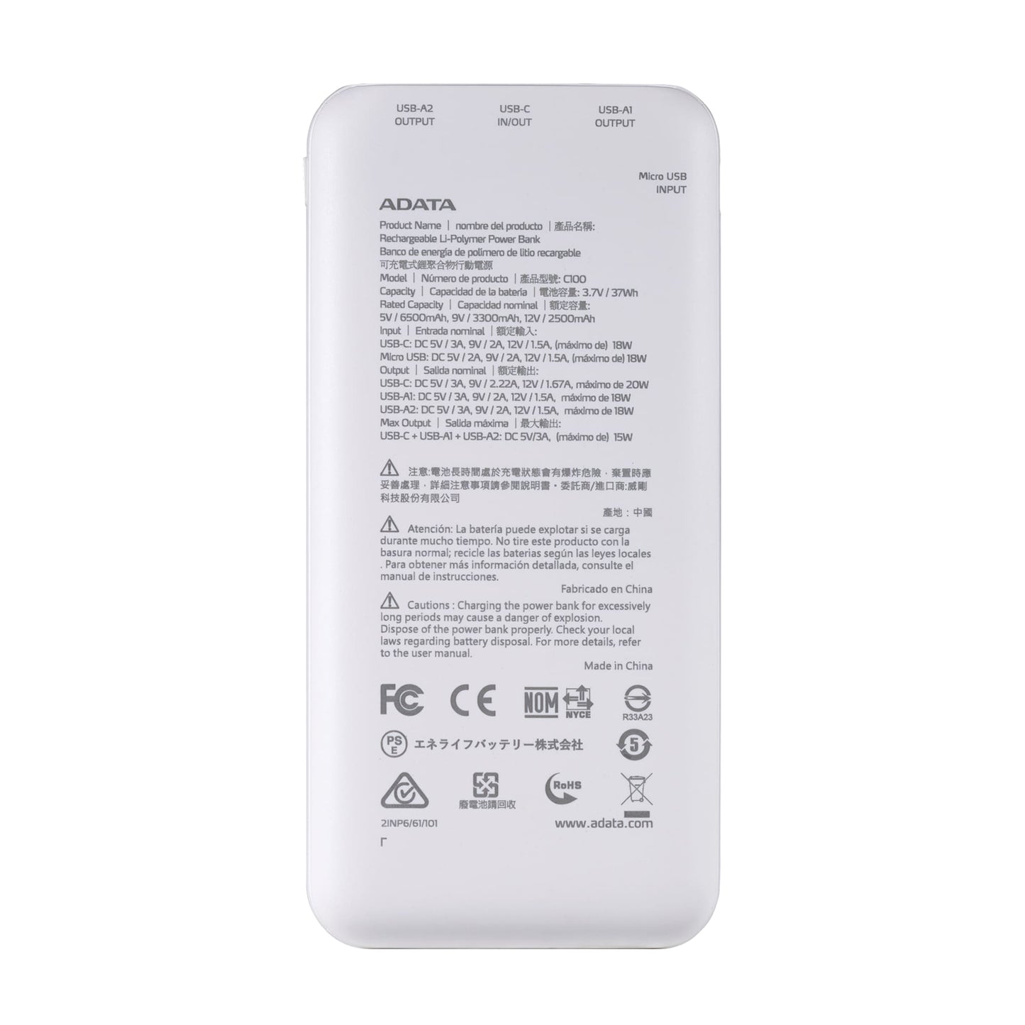 ADATA C100 10000mAh USB Type-C + Type-A Powerbank - White