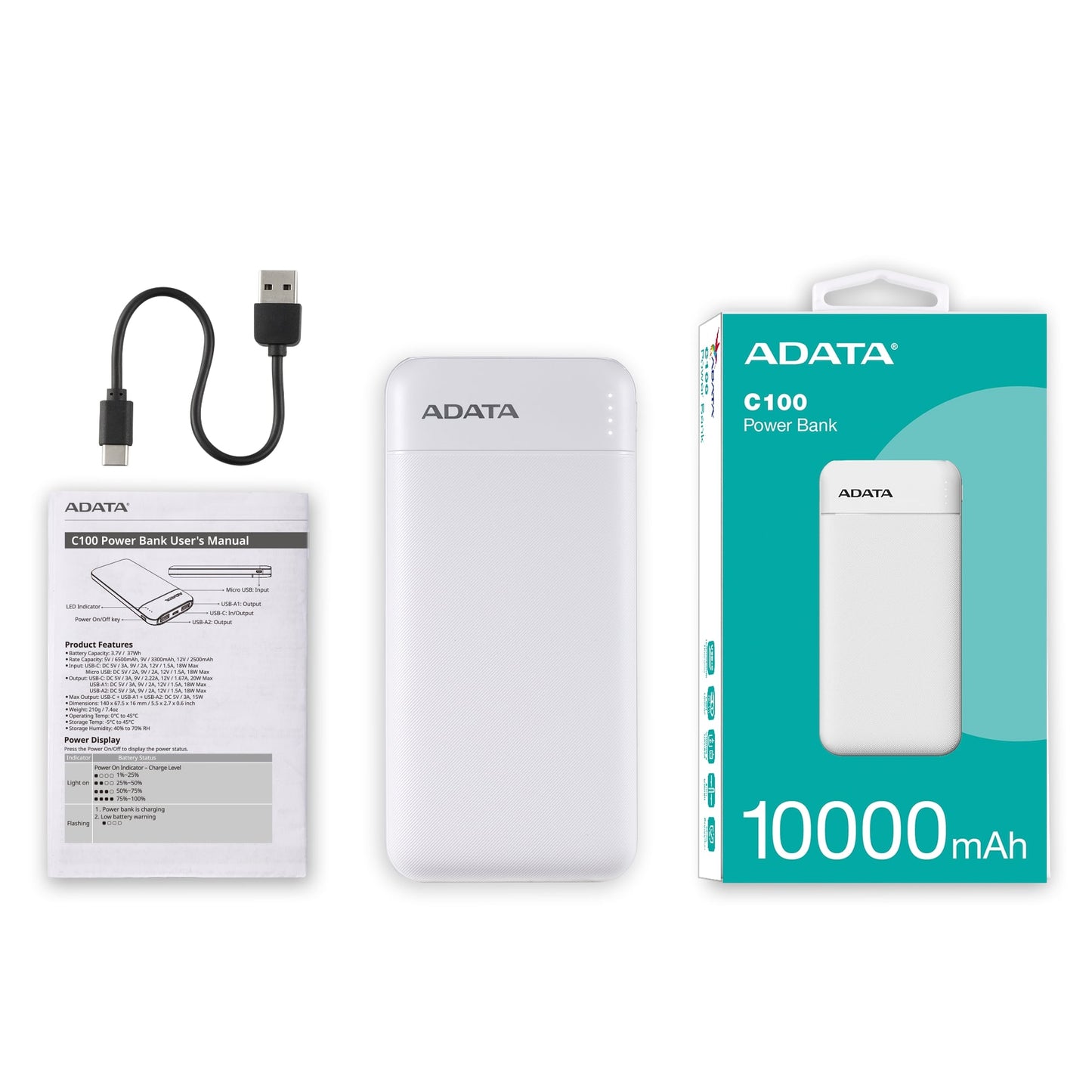 ADATA C100 10000mAh USB Type-C + Type-A Powerbank - White