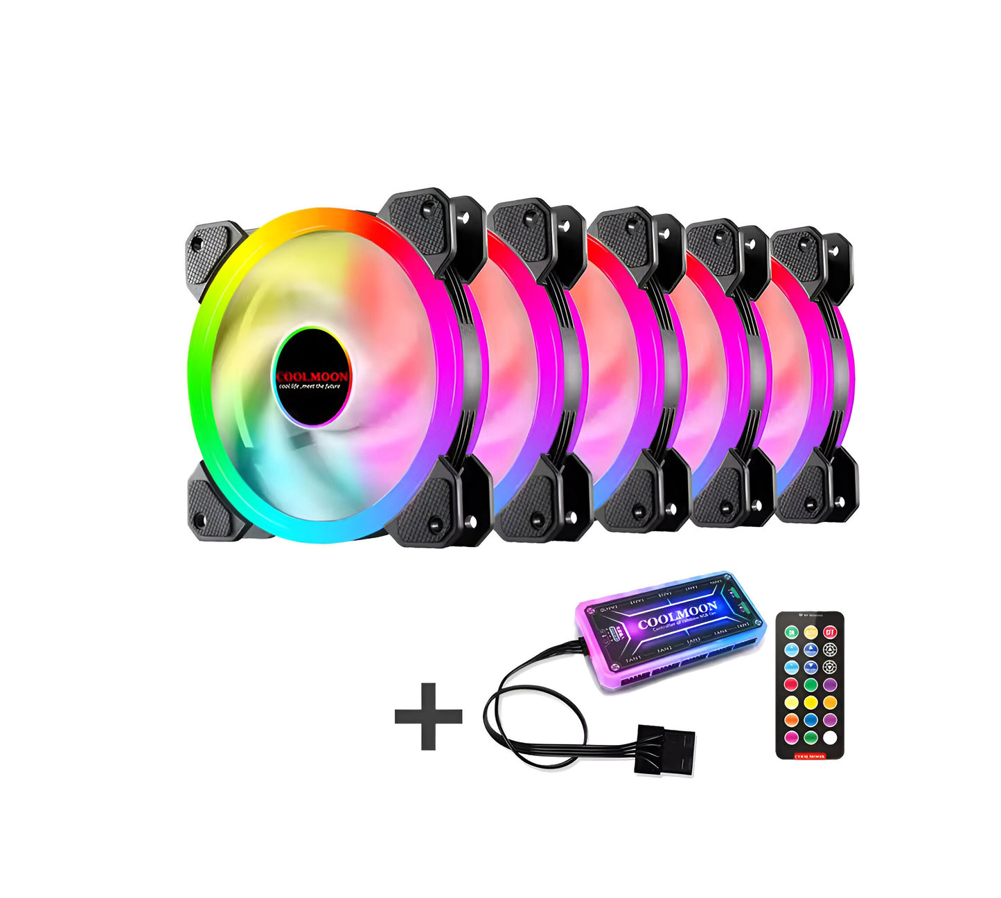 COOLMOON 120mm RGB LED PC Case Fan 5 Pack + Controller Hub + Remote