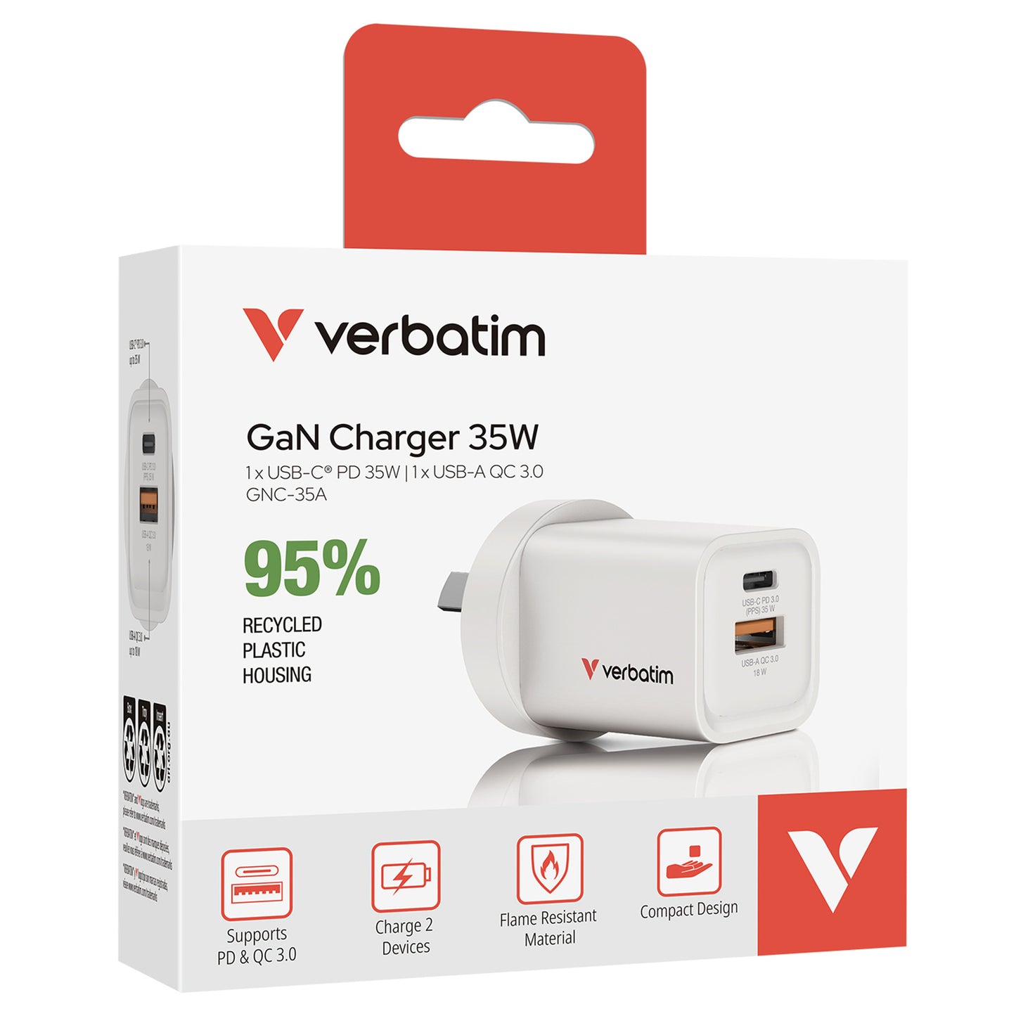 Verbatim 2 Port 35W USB-A / C GaN Charger - White