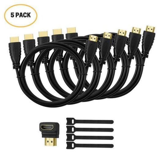 Huanuo HN-HC06-5 High Speed 1.8M HDMI Cables - 5 Pack w/ Bonus Adapter and Cable Ties