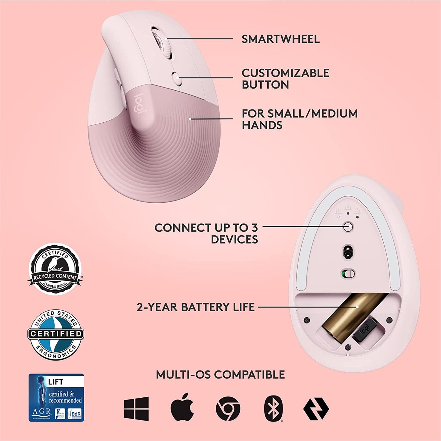 Logitech Lift Vertical Ergonomic Wireless Mouse - Rose