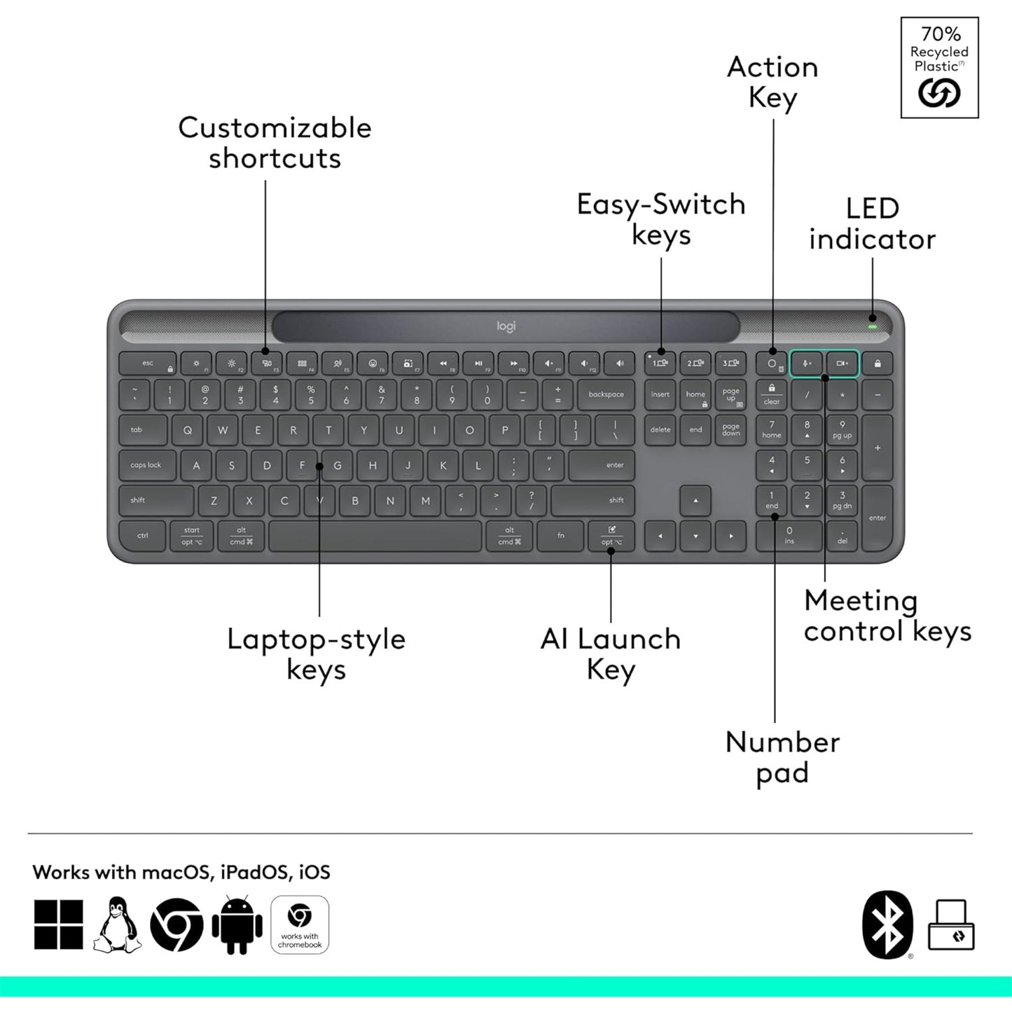 Logitech Signature Solar+ Wireless Keyboard K980 For Business
