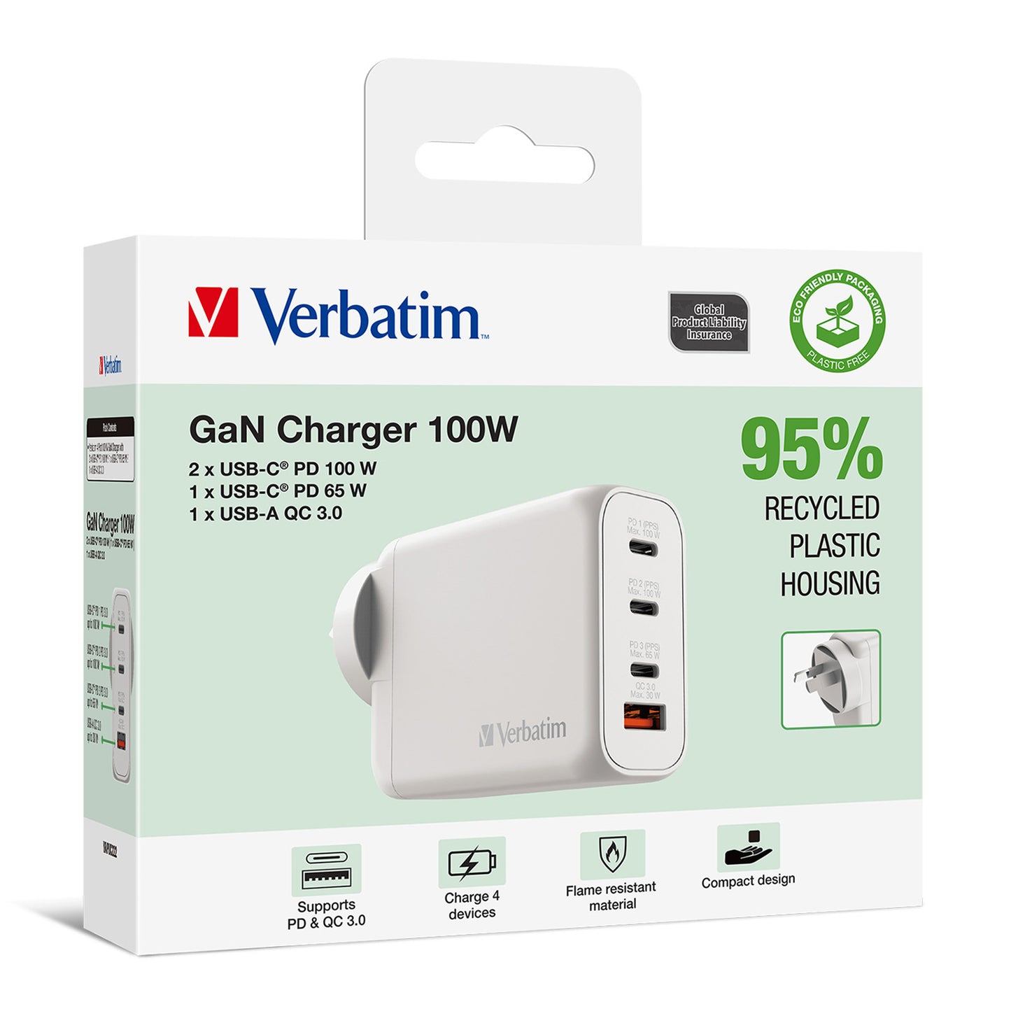 Verbatim 100W GaN Charger with 3x USB-C and 1x USB-A - White