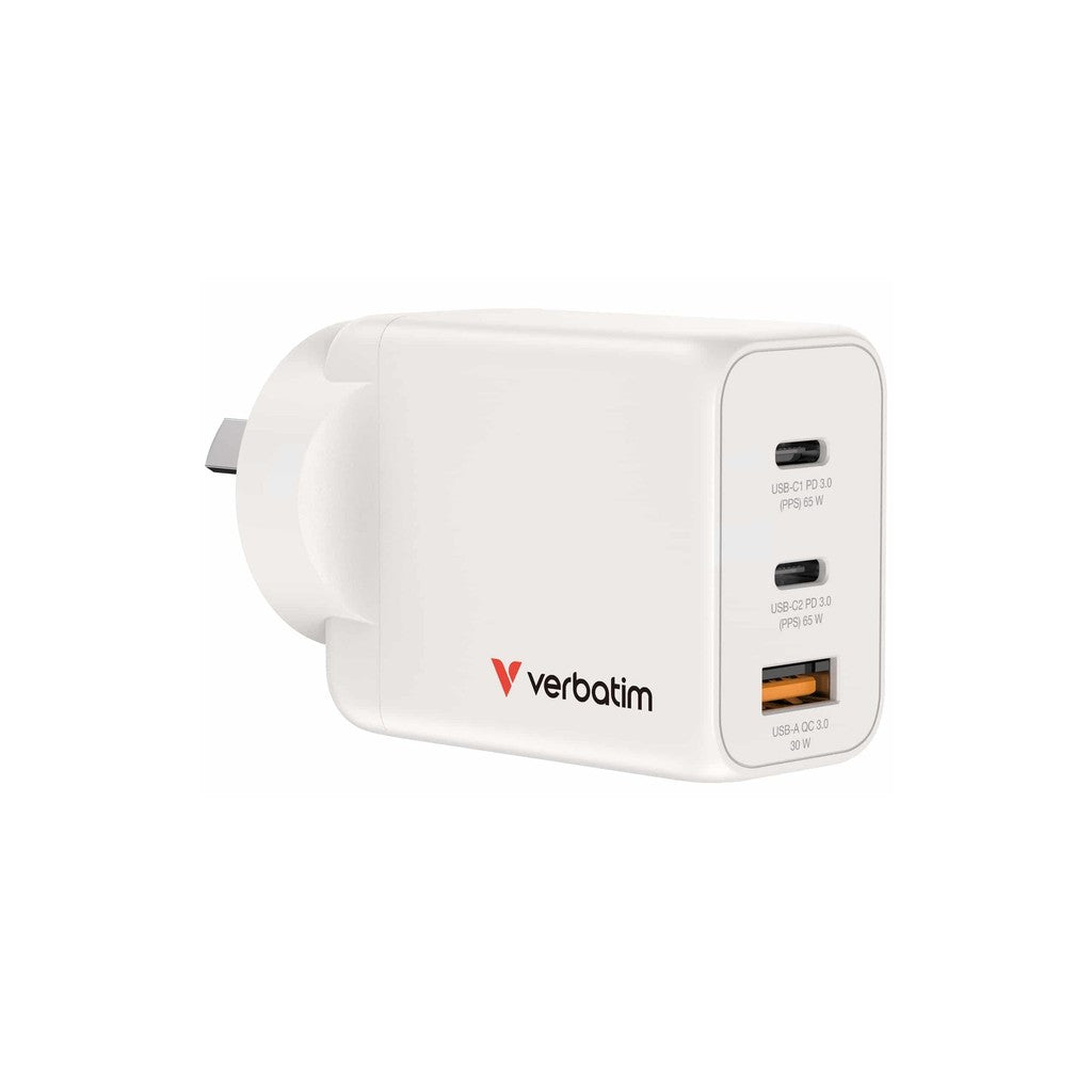 Verbatim 65W GaN Charger with 2x USB-C and 1x USB-A - White