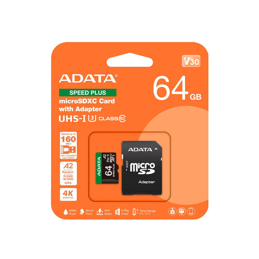 ADATA Speed Plus 64GB U3 A2 V30 microSD Card with Adapter Lifetime Wty